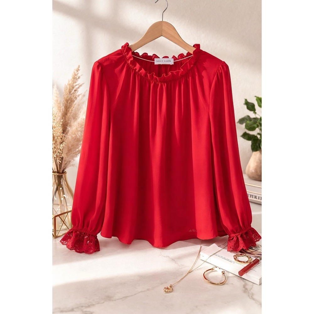 Grace Karin‎ Red Chiffon Blouse Ruffle Neck Lace Cuff Long Sleeve Women